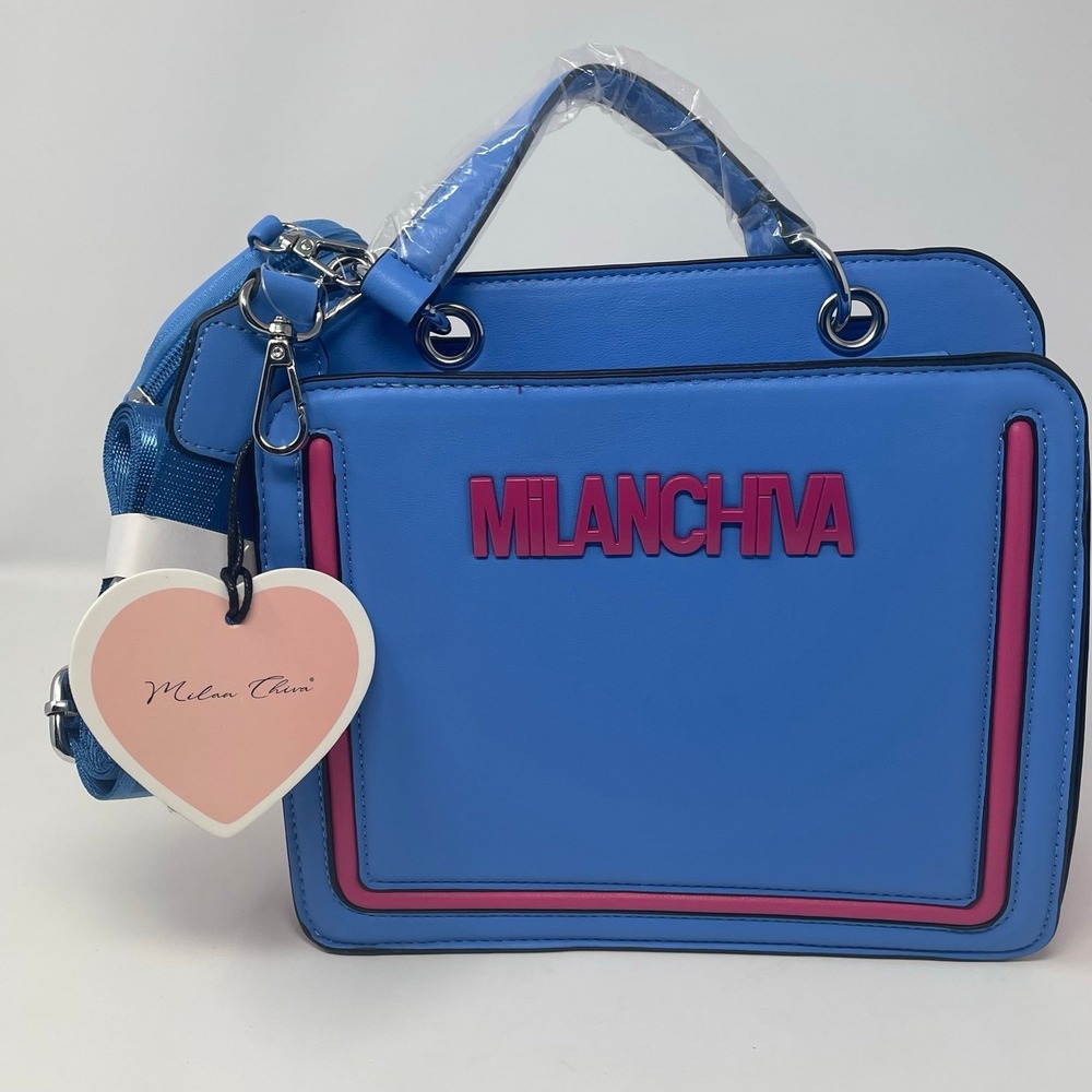 Milan Chiva Crossbody Satchel Bag NWT Blue Pink Boxy Purse w/ Coin‎ Pouch *Flaw*